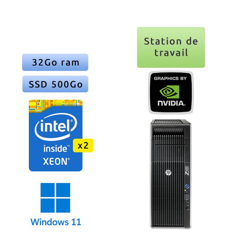 HP Workstation Z620 - Windows 11 - 2*E5-2609 v2 32Go 500Go SSD - NVS 510 - Ordinateur Tour Workstation