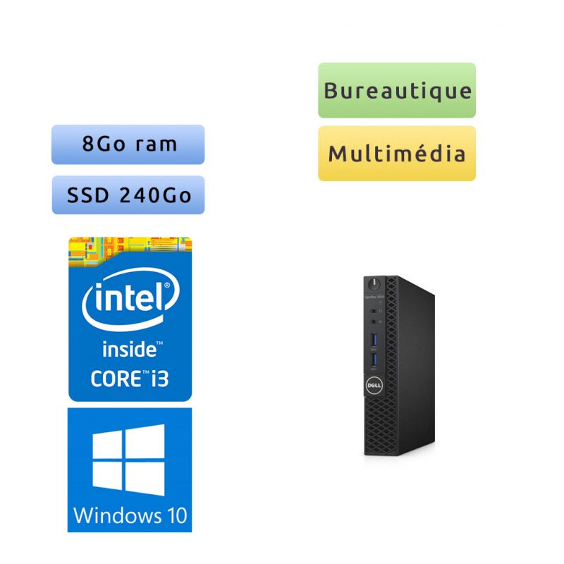 Dell Optiplex 3040 Tiny - Windows 10 - i3 8Go 240Go SSD - Ordinateur Tour Bureautique PC