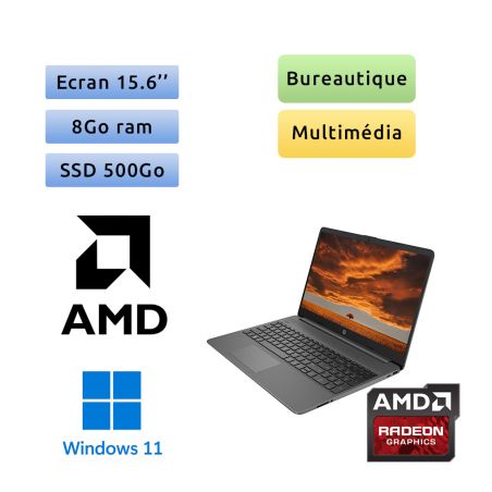 HP Laptop 15s-eq1127nf - Ryzen 5 8Go 500Go SSD - 15.6 - Webcam - Ordinateur PC Portable