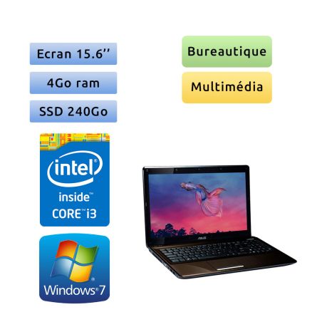 Asus A52JR-SX110V - Windows 7 - i3 4Go 240Go SSD - 15.6 - Webcam - Ordinateur Portable PC
