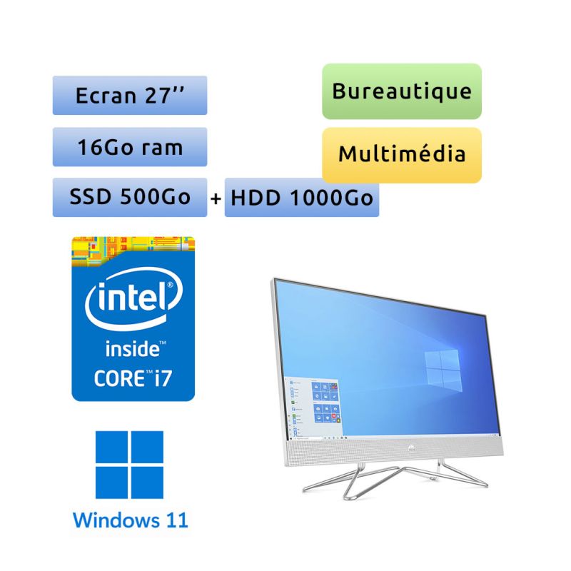 HP All-in-One 27-dp0069nf - Windows 11 - i7 16Go 500Go SSD + 1To HDD - 27 - webcam - tout en un - gain de place HP All-in-One 27-dp0069nf - Windows 11 - i7 16Go 500Go SSD + 1To HDD - 27 - webcam - tout en un - gain de place