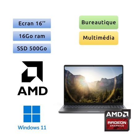 Dell Pro 16 PC16255 - Windows 11 - Ryzen 5 16Go 500Go SSD - 16 - Webcam - Pc Portable Neuf